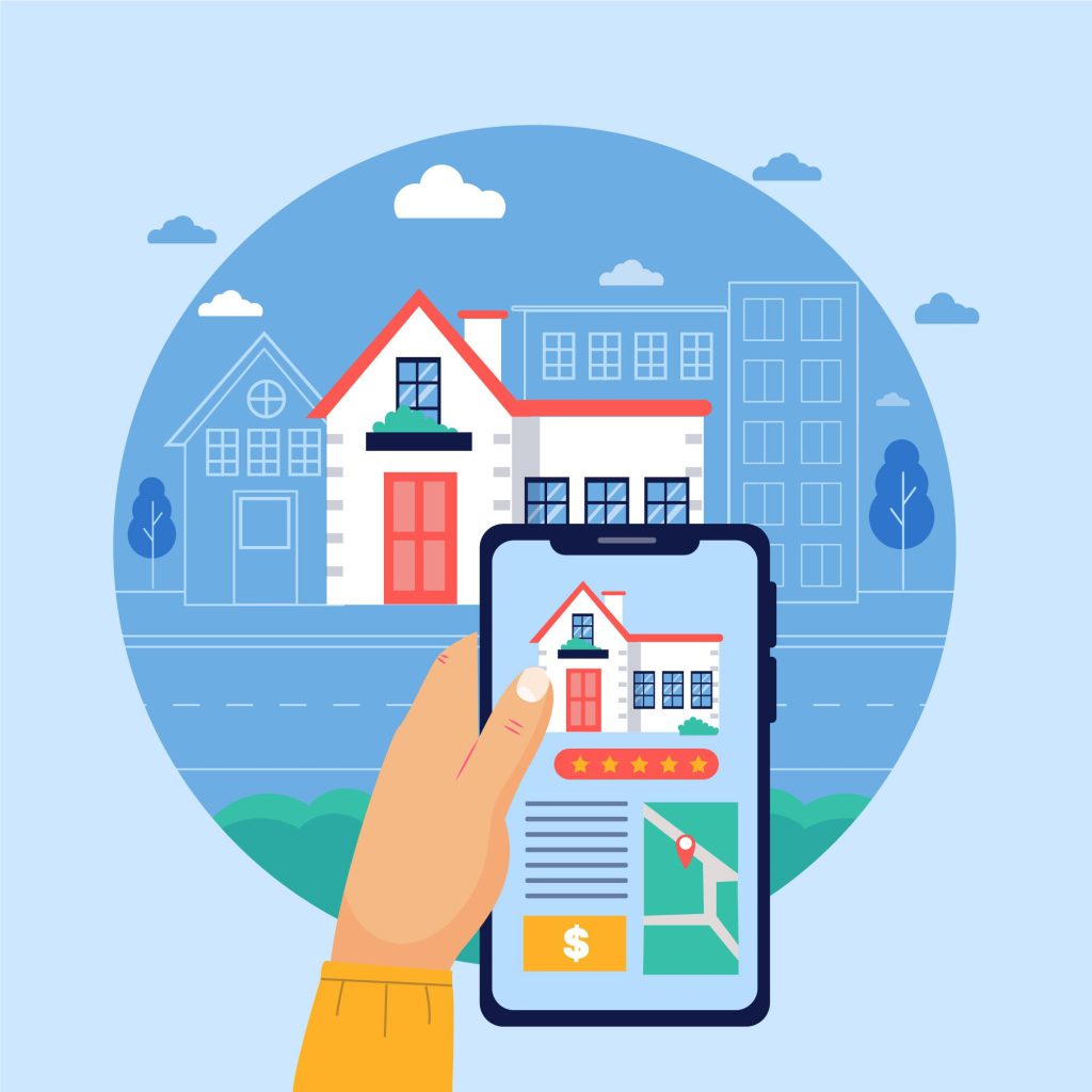 A hand holding up a smart phone with an image of houses on it.