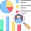 A magnifying glass over a pie chart and bar graph.