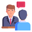 A man is sitting at the table talking to another person.