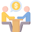 Two people sitting at a table with a dollar sign above them.