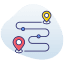 A blue and white map with two red markers