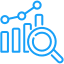 A blue pixel art icon of a magnifying glass and bar chart.